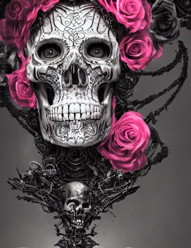 Image similar to a chaotic goddess of death skeleton as a heroine, intricate, elegant skull black rose s day of the dead atmospheric, dramatic, Trending on artstation. augmentations and cybernetic enhancements neon circuits, greg rutkowski , hyperrealist, cinema4D, 8k highly detailed