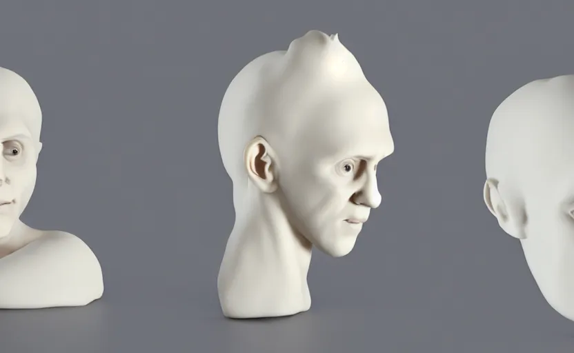 Image similar to human body made from white clay, head and hair, posing, sss, white solid, pale skin