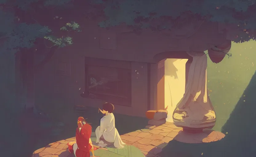 Image similar to an asian peaceful mythical magical scene illustration by atey ghailan and escher and edward hopper