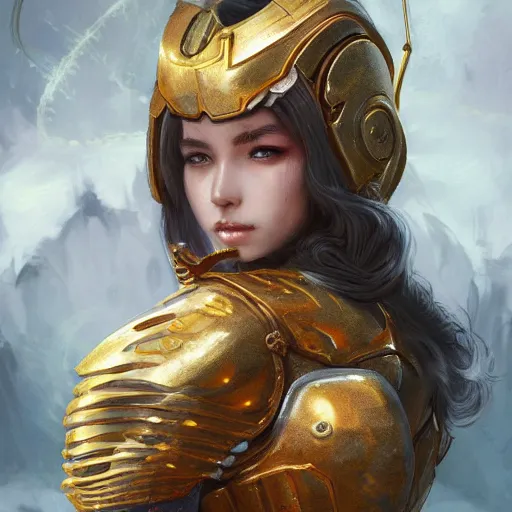 Prompt: portrait knights of Zodiac girl, golden and copper armor, sci-fi, fantasy, intricate, very very beautiful, elegant, highly detailed, digital painting, artstation, concept art, smooth, sharp focus, illustration, art by artgerm and WLOP and tian zi