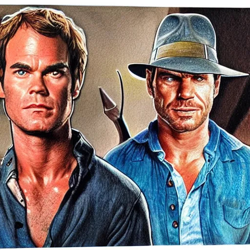 Image similar to dexter Morgan, Indiana jones, and artist formerly known as prince go to the beach, portrait, highly detailed, colored pencil