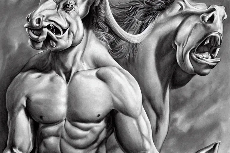 Image similar to beautiful lifelike painting of a centaur centaur centaur chimera tom cruise torso, majestic cinematic, hyperreal detailed facial features and uv lighting, art by ed roth and basil wolverton