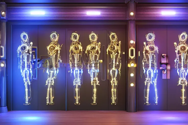 Prompt: entrance door to a futuristic nightclub, in front of the door are 7 golden and blue metal humanoid steampunk robots wearing and gears and tubes, eyes are glowing red lightbulbs, shiny crisp finish, 3 d render, 8 k, insaneley detailed, fluorescent colors, background is back yrad of a nightclub, nightlight