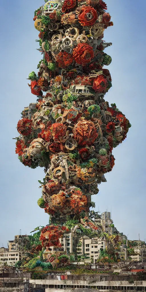 Image similar to colossal grotesque flower made from unfulfilled communist dreams in the middle of abandoned post soviet constructivist cityscape, Stalinist architecture, ultradetailed, Intricate by Hayao Miyazaki and Josan Gonzalez and Makoto Shinkai and Giuseppe Arcimboldo and Wes Anderson