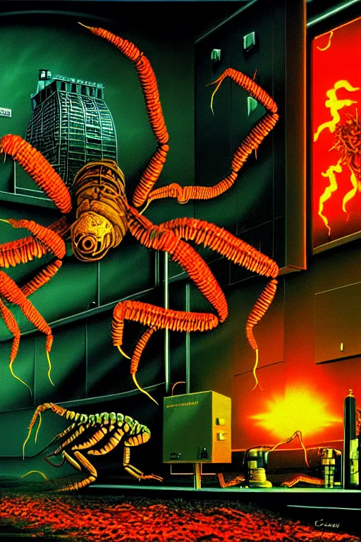 Image similar to a hyperrealistic detailed painting of a code red emergency at the nuclear power plant, radioactive scorpion radiation monster eating the laboratory, depth of field, by chris cunningham and richard corben, highly detailed, vivid color,