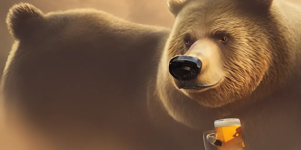 Image similar to a portrait of a bear who drinking beer volumetric lighting, made by Stanley Artgerm Lau, WLOP, Rossdraws, ArtStation, CGSociety, concept art, cgsociety, octane render, trending on artstation, artstationHD, artstationHQ, unreal engine, 4k, 8k,