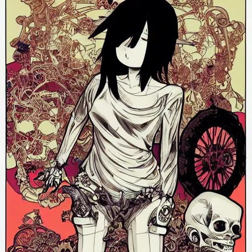 Image similar to anime manga skull portrait girl female skeleton illustration sunset outrun art Geof Darrow and Ashley wood and Ilya repin and alphonse mucha pop art nouveau