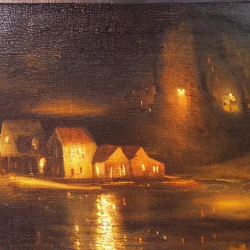Image similar to a lamplit village on the coast of a lake, deep underground oil on canvas