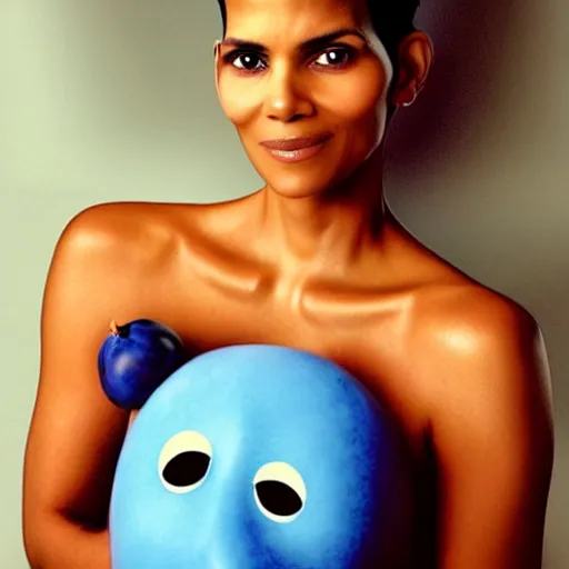 Image similar to an anthropomorphic blueberry with the face of halle berry