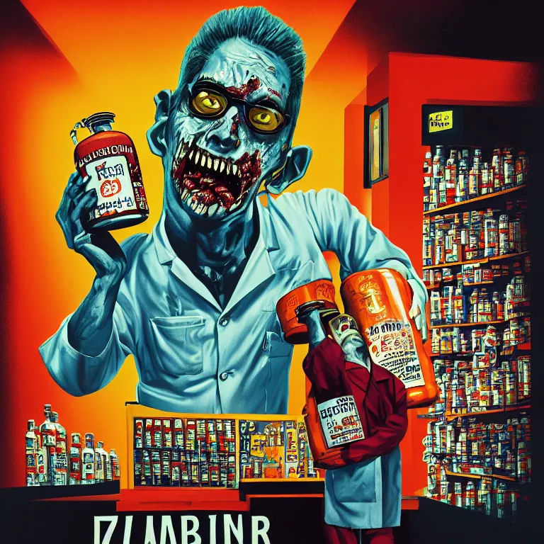 Image similar to hyperdetailed poster painting in a color style of 70's black poster art of an a crazy pharmacist zombie holding a giant jar of pills, epic scale ultrawide angle, 3D rendered, Vray rendered, octane render, unreal engine