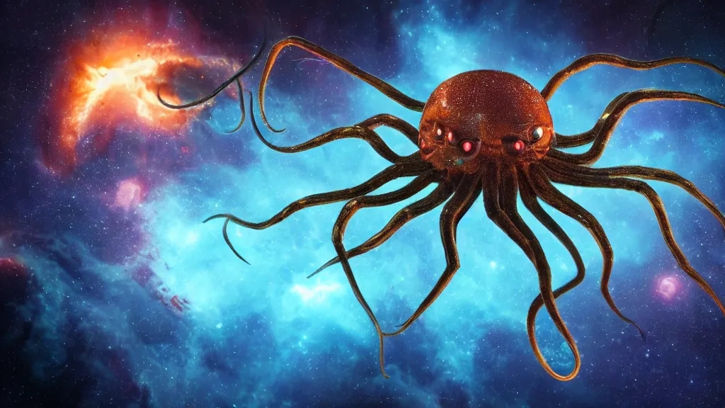 Image similar to spider octopus hybrid on a planet. close bottom view. whole body. nebula background. cinematic composition. cinematic lightning. ultra realistic. 8 k. highly detailled. deep space. ultra realistic details. cinematic atmosphere. studio lighting. shadows. dark background.