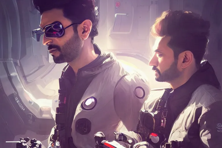 Prompt: Sensual good looking pale young Indian doctors wearing Deus Ex Mankind Divided clothing in a space station above Earth, portrait, elegant, intricate, digital painting, artstation, concept art, smooth, sharp focus, illustration, art by artgerm and greg rutkowski and alphonse mucha