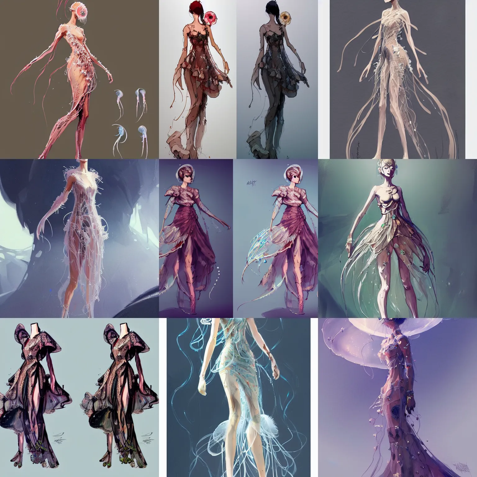 Prompt: concept art of a dress inspired by a jellyfish, highly detailed painting by dustin nguyen, akihiko yoshida, greg tocchini, greg rutkowski, cliff chiang, 4 k resolution, trending on artstation, 8 k