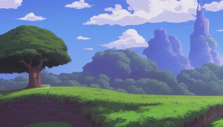 Prompt: a landscape of a single tree with bushes nearby, studio ghibli, castle in the sky, animated, anime, illustrated, vibrant, bypeter chung, background on artstation