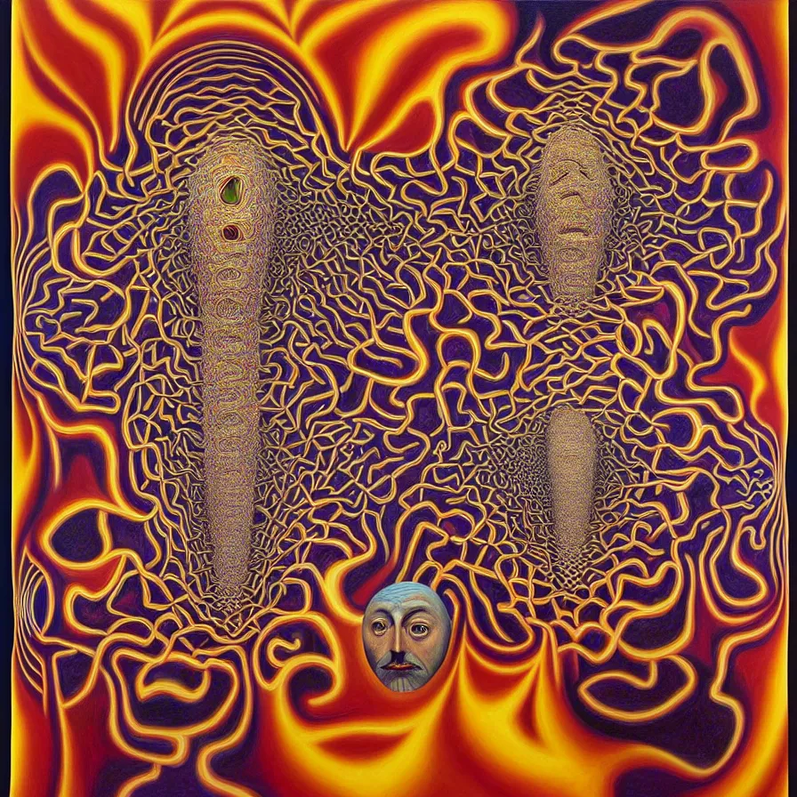 Image similar to infinite fractals of faces forming a single human face, recursion, surreal, by salvador dali and mc escher and alex grey, oil on canvas, weird, dreams, consciousness, strange loops, fantasy, intricate details, warm colors