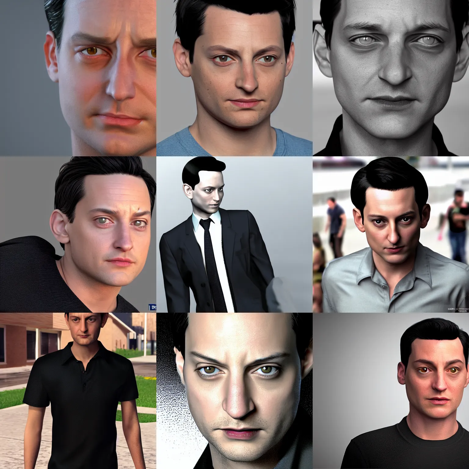 Prompt: photorealistic 8k render young Tobey Maguire slick black hair black shirt