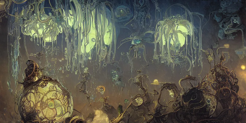 Prompt: concept art of giant translucent glowing jellyfishes, renaissance, divers helmet, lots of teeth, melting horror, round moon, rich clouds, fighting the horrors of the unknown, mirrors, very detailed, volumetric light, mist, grim, fine art, decaying, textured oil over canvas, epic fantasy art, very colorful, ornate, alphonse mucha