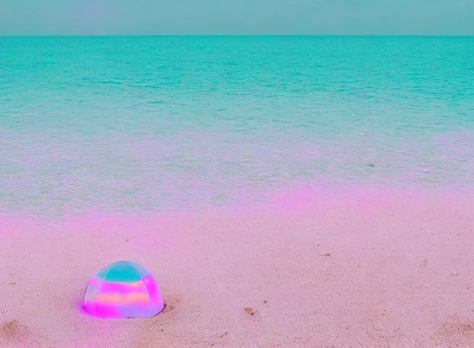 Image similar to a pastel coloured vintage family holiday photo of an empty beach from an alien dreamstate world with chalky pink iridescent!! sand, reflective lavender ocean water, dim bioluminescent plant life and an igloo shaped shiny plastic transparent festival stage and translucent festival box speakers!!. glare. refraction, volumetric light.