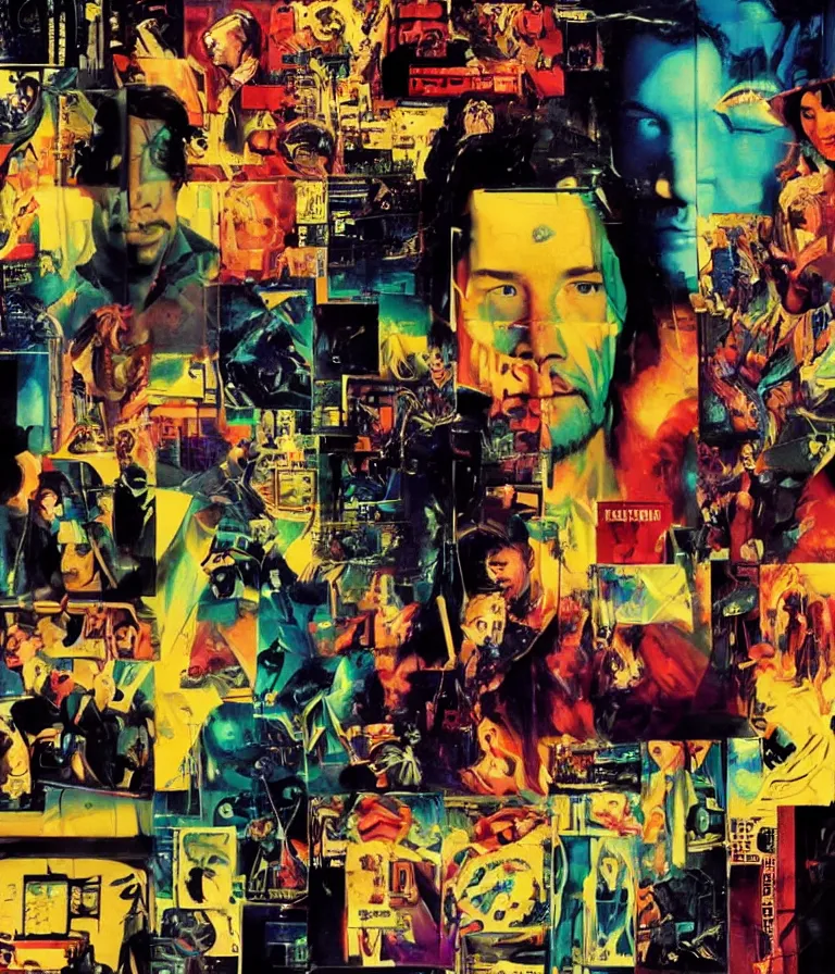 Prompt: Beautiful colorful Cyberpunk Movie Poster made for the film William Gibson's Cyborg Nights (2004) Starring Melissa McCarthy and Keanu Reeves, minimalist oil paint and ink and photo collage by Man Ray and Marcel Duchamp and Diane Arbus, Vivid color trending on artstation Cinematic lighting photographic! collage!! 8k