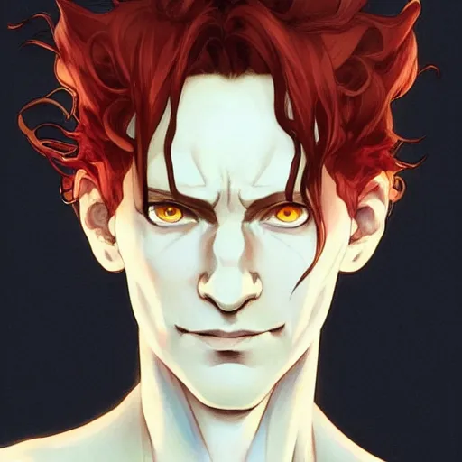 Image similar to hisoka, young tom hiddleston, cel - shaded animesque art by artgerm and greg rutkowski and alphonse mucha, smooth white skin, smirking face, reddish hair, d & d, fantasy, feminine portrait, highly detailed, digital painting, trending on artstation, concept art, sharp focus, illustration