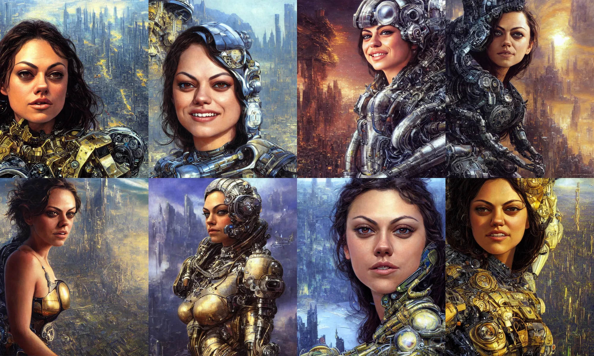 Image similar to close - up portrait of epic young mila kunis smiling into camera, intricate cyborg armor, vista of futuristic city, windy, golden hour, wlop, by gerald brom, by mikhail vrubel, by peter elson, muted colors, extreme detail, trending on artstation