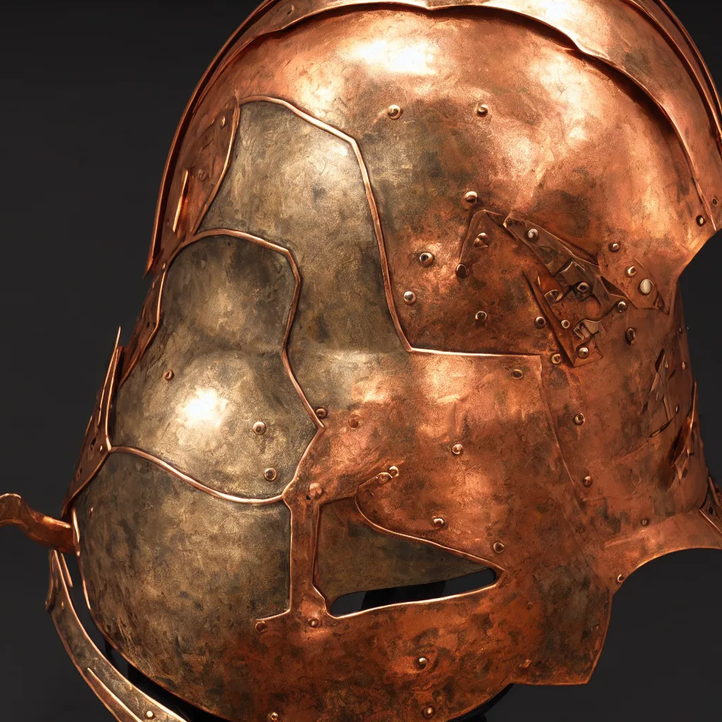 Prompt: a presentation photo of a duel knight's helmet that is made of copper and gold, beautiful ornated details