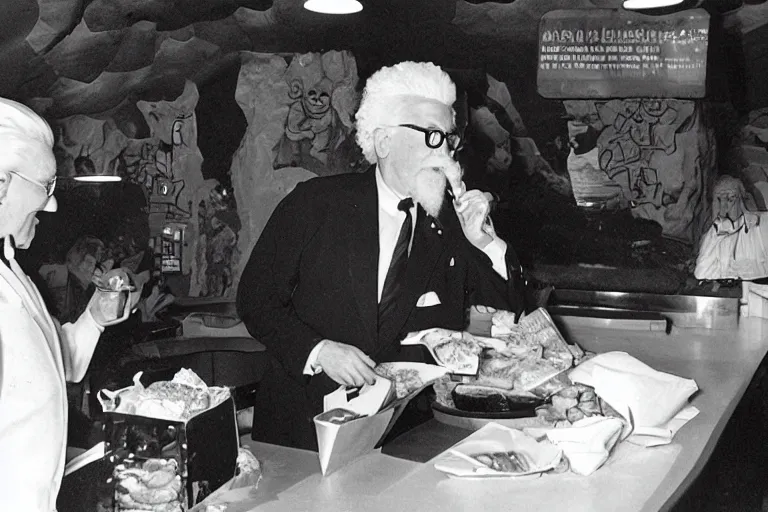 Image similar to Colonel Sanders ordering food in McDonald's cave