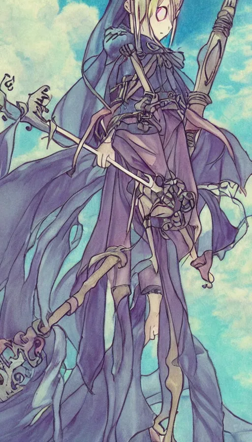 Image similar to a beautiful link drawing of the being death as a cute anime girl with a giant scythe from a studio ghibli film inspired by the death tarot card, dark vibes, pastel colors, cosmic,