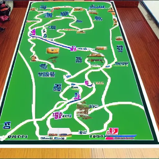 Prompt: North Korean forest hiking trail guide photo Mario kart Wii racetrack top down design.