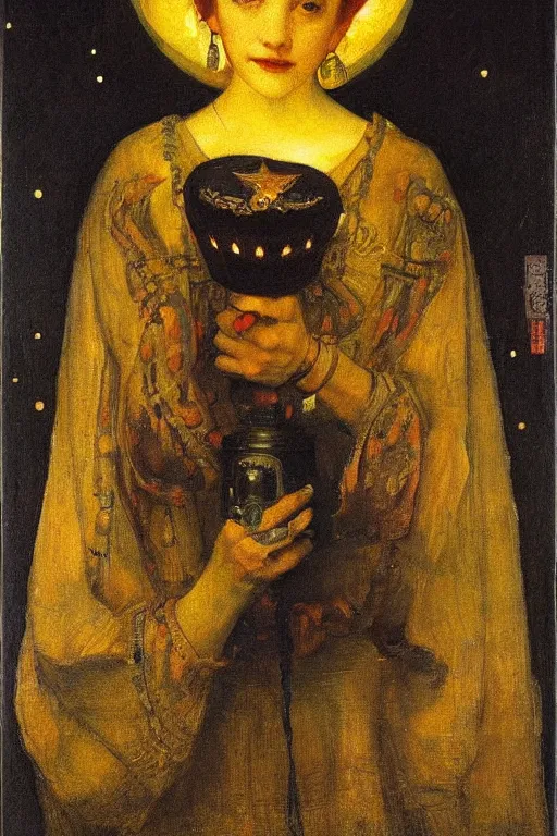 Image similar to queen of the darkness with her lantern and her stars, by Annie Swynnerton and Nicholas Roerich and Vermeer, strong dramatic cinematic lighting , ornate headdress , lost civilizations, smooth, sharp focus, extremely detailed