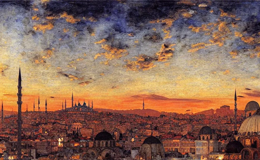 Prompt: skyline of istanbul at sunset, by edgar maxence and caravaggio and michael whelan and delacroix style, artistic, intricate drawing, cinematic lighting, hyper realistic, extremely detailed, establishing shot, 8 k resolution, dramatic lighting