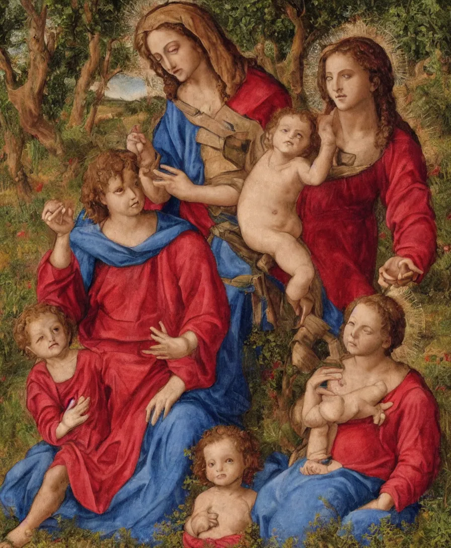 Image similar to Detailed Portrait of Madonna, curly red hair red shirt blue cloth, with infant Jesus, holding a thin cross and talking with another boy in front in the style of Raffael. They are sitting in a dried out meadow trees near Florence tuscany, red poppy in the field. The horizon is blue, there is a blue lake with a town and blue mountains. Flat perspective.