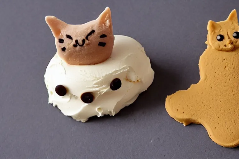 Image similar to cat made of ice cream, frozen desert in the shape of a cat