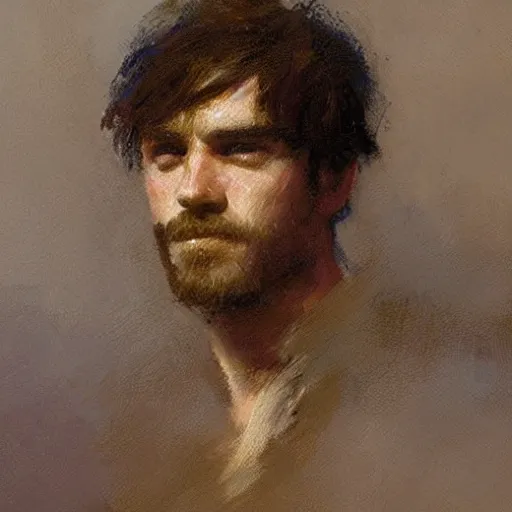 Image similar to a man with a textured crop with heavy fringe haircut, painting by Gaston Bussiere, Craig Mullins