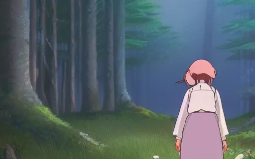 Prompt: a girl with her pet bear made of mist walking through the forest, art by hayao miyazaki, studio ghibli film, 4k, hi res, high detail