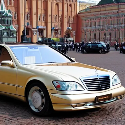 Prompt: gold Mercedes-Benz s500 long in the body 220 (w220) 2002 old year is located on the red square in Moscow