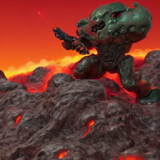 Image similar to Doom marine fighting with daemons on a lava background, Moebius style