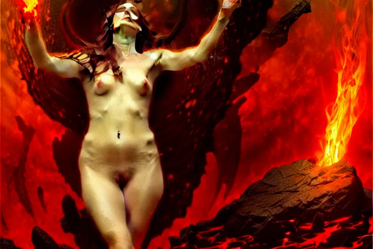 Prompt: eternal goddess bathing in deepest fiery underworld depths of hell by greg rutkowski, gustave dore, alphone mucha, visionary deep aesthetics art