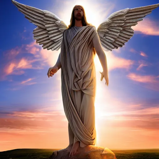 Image similar to gigantic biblical depiction of an angel towering over a vast landscape, cinematic, realistic, geometric white marble body, photorealistic, detailed, gold sky, global illumination, volumetric lighting, 8 k, god rays, beautiful, majestic clouds, soft colors, heavenly lighting