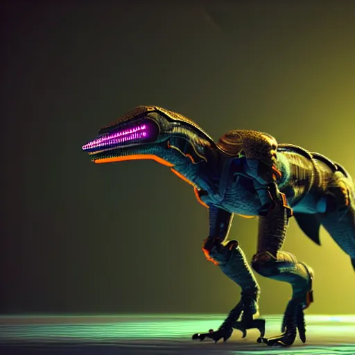 Image similar to an illustration of the full body of a cyberpunk velociraptor in a lab, octane render, bokeh, 3D, very coherent