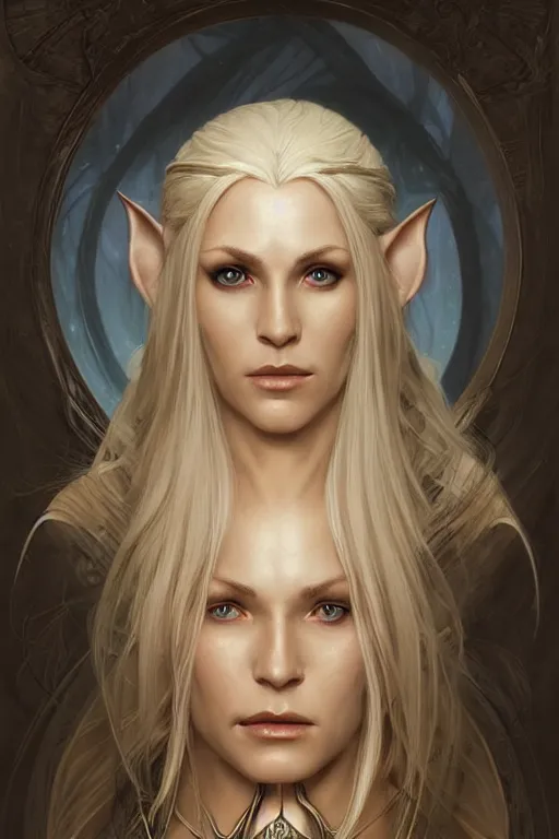 Image similar to portrait of an old blonde elven mage, dark, piercing eyes, gentle expression, elegant clothing, photorealistic, highly detailed, artstation, smooth, sharp focus, art by michael whelan, artgerm, greg rutkowski and alphonse mucha