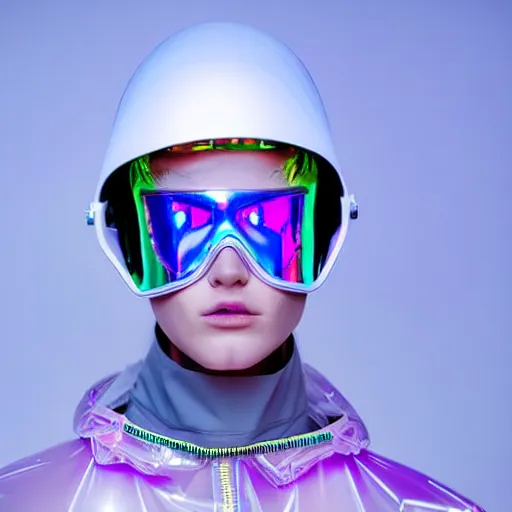 Image similar to an ultra high definition professional studio quality photograph of an artificial celebrity cyberpunk pop star wearing a transparent iridescent perspex pastel coloured face visor and matching raincoat in an empty white room. dramatic lighting. volumetric shadows. light rays