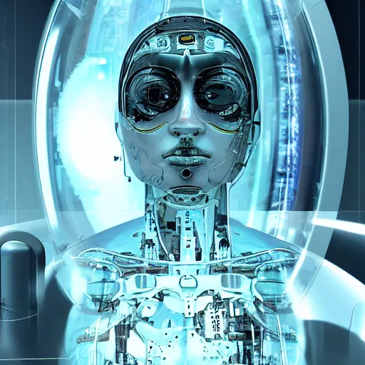 Image similar to a cyborg baby growing in a sci - fi gestation pod, a very cyberpunk scene ; graphic art
