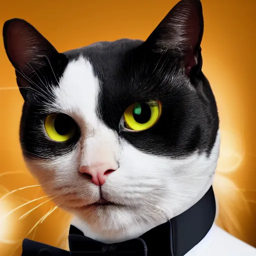 Prompt: a tuxedo cat with a realistic human head, movie still, 8 k