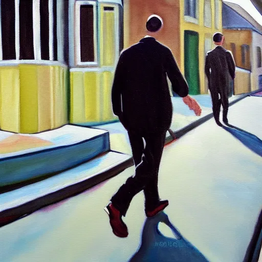 Image similar to A painting of a man with frog feet, walking down the street, photorealistic