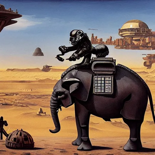 Image similar to painting of sormtrooper riding an elephant on the background of mos eisley on tatooine, intricate, high detail