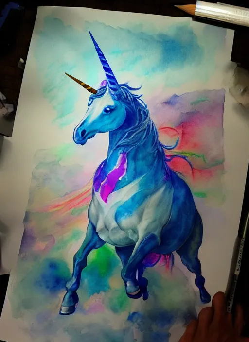 Prompt: portrait, a unicorn farting a rainbow, watercolor, dramatic lighting, cinematic, establishing shot, extremely high detail, foto realistic, cinematic lighting, pen and ink, intricate line drawings, by Yoshitaka Amano, Ruan Jia, Kentaro Miura, Artgerm, post processed, concept art, artstation, matte painting, style by eddie mendoza, raphael lacoste, alex ross