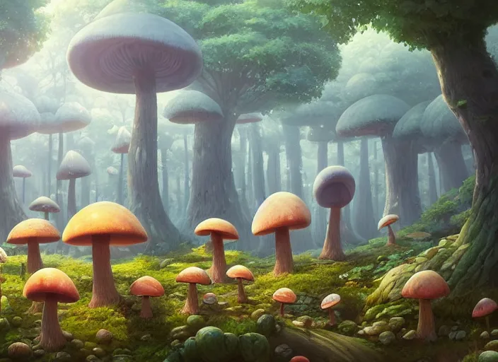 Image similar to an ultra detailed matte landscape of a giant mushroom forest, carmine birds, detailed, cory loftis, james gilleard, tomasz alen kopera, goro fujita, studio ghibli, rim light, exquisite lighting, clear focus, very coherent, plain background, soft painting