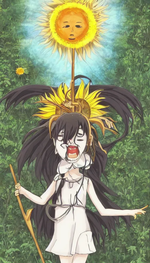 Image similar to the being death as a cute anime girl with a giant cute sun flower scythe from a studio ghibli film inspired by the death tarot card, dark ambiance