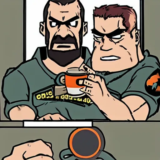 Prompt: Gordon Freeman and doomguy drink coffee